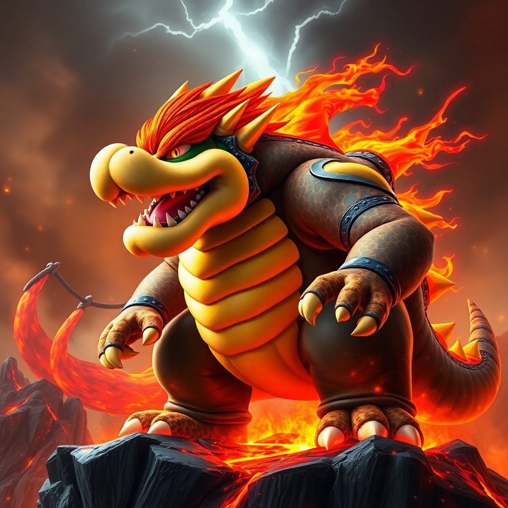 Bowser from Mario Bross, reimagined as a colossal fire-breathing dragon with molten scales and glowing red eyes, standing on a lava cliff with thunder in the background, realistic fantasy concept art, ultra detailed