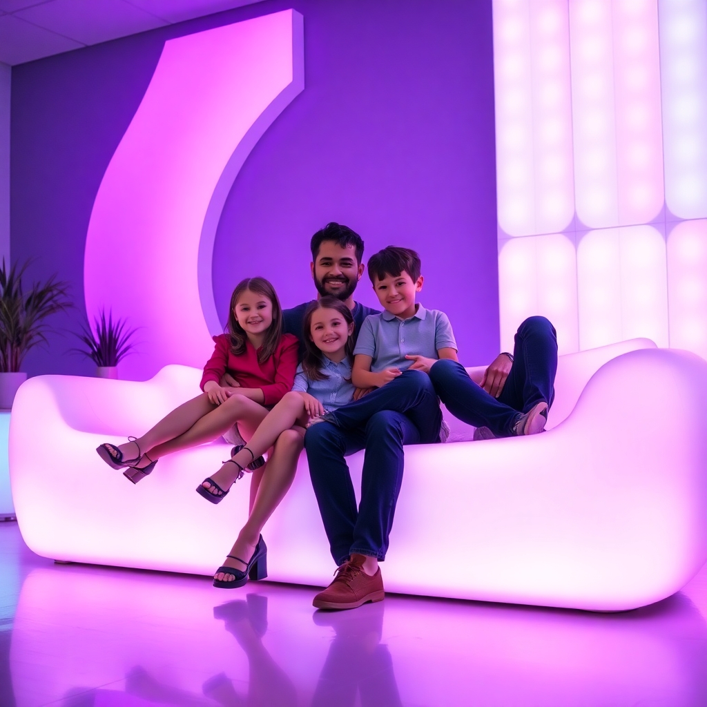Happy modern family (parents and two kids) sitting on a glowing white sofa, surrounded by vintage LED panels in purple and turquoise tones, relaxed poses, joyful expressions, futuristic yet cozy ambiance, real-life lighting reflections