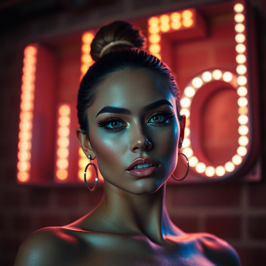 High-fashion woman posing in front of a vintage LED sign, glowing letters reflecting on skin, bold eyeliner and high cheekbones, street-inspired neon photography.