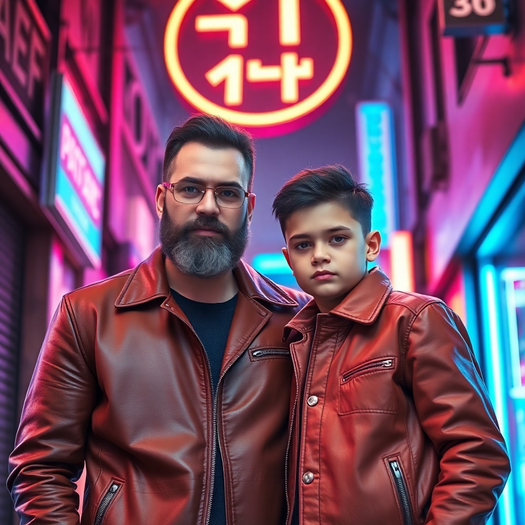 Father with stylish beard and his son wearing matching leather jackets, standing under a glowing LED sign in a futuristic city alley, electric blue and pink lights, powerful look, strong composition, magazine-style photo, realistic textures.
