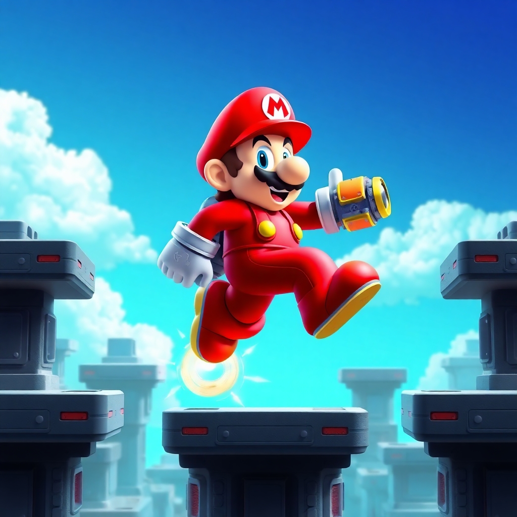 Mega‑Bros Fusion (Mario + Mega Man) “A red-hatted hero with mechanical arm cannon jumping between futuristic platforms, pixel sparks around boots, turquoise sky, stylized 3D realism.”