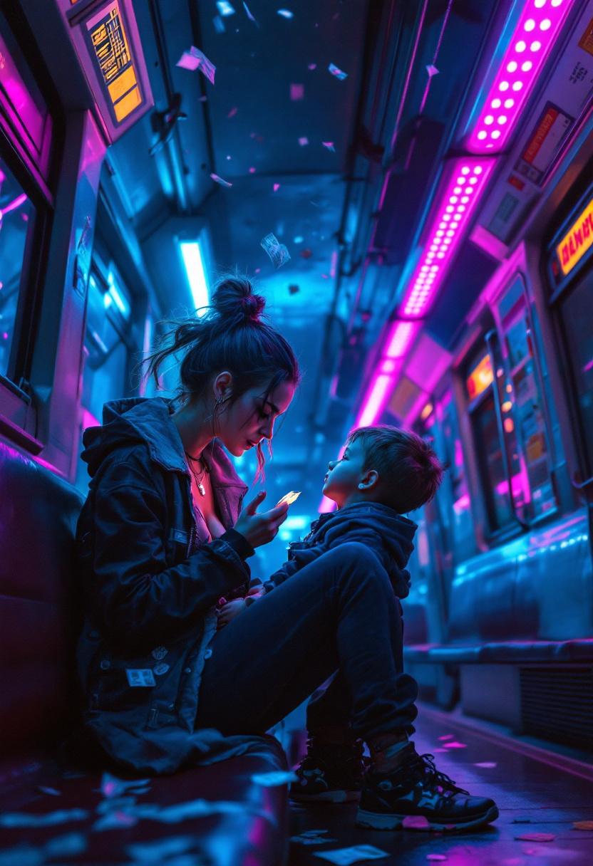 Quiero una imagen de una mujer cuidando a su hijo en el subway en el cielo de una noche estrellada, con dinero y joyas, con un fondo luces led fucsia y  azul oscuro, estilo punk, que él esté enojado