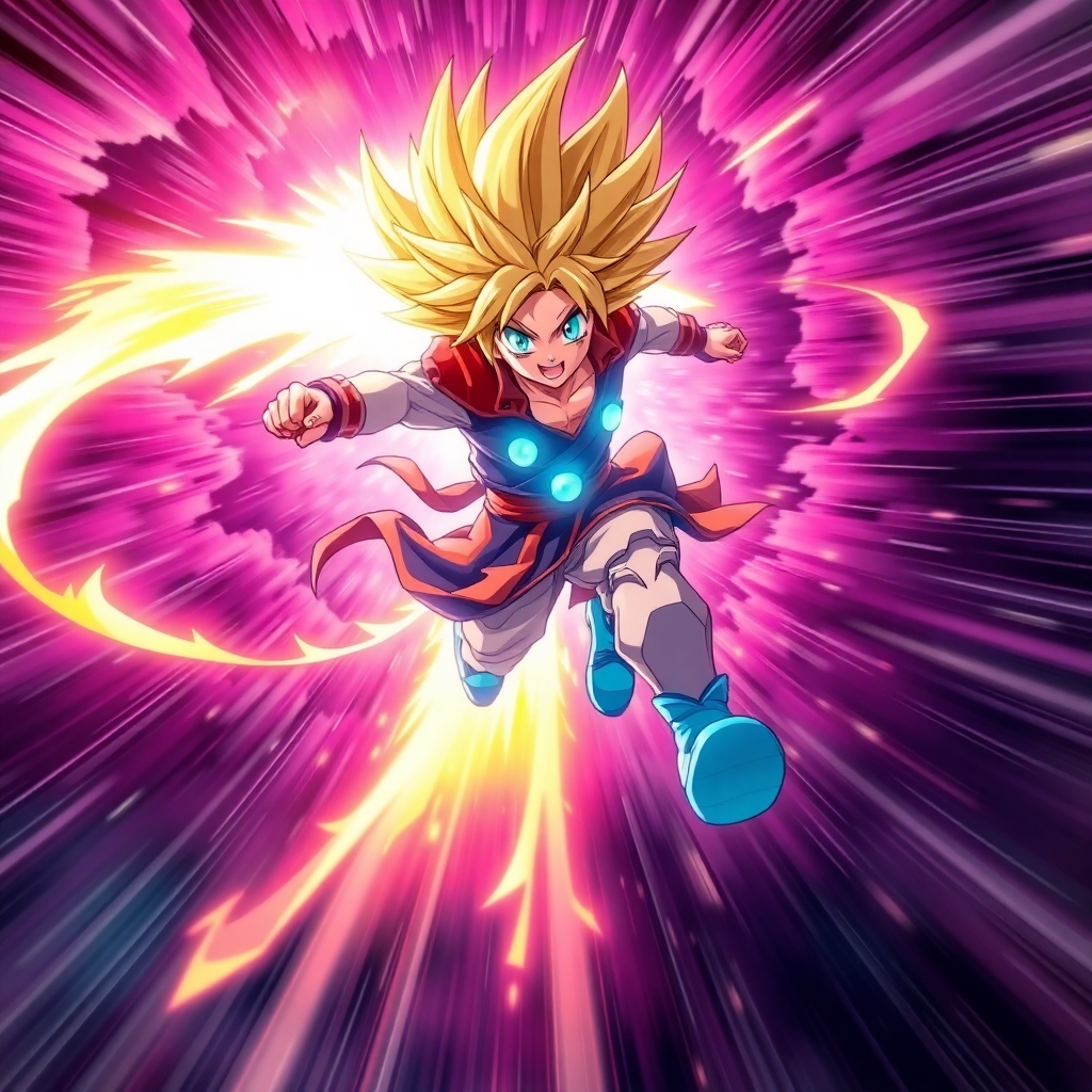 A warrior with glowing golden spiky hair and blue shoes dashing through a dimensional rift, high-energy trail, fuchsia and turquoise glow, intense anime-style action, realistic effects