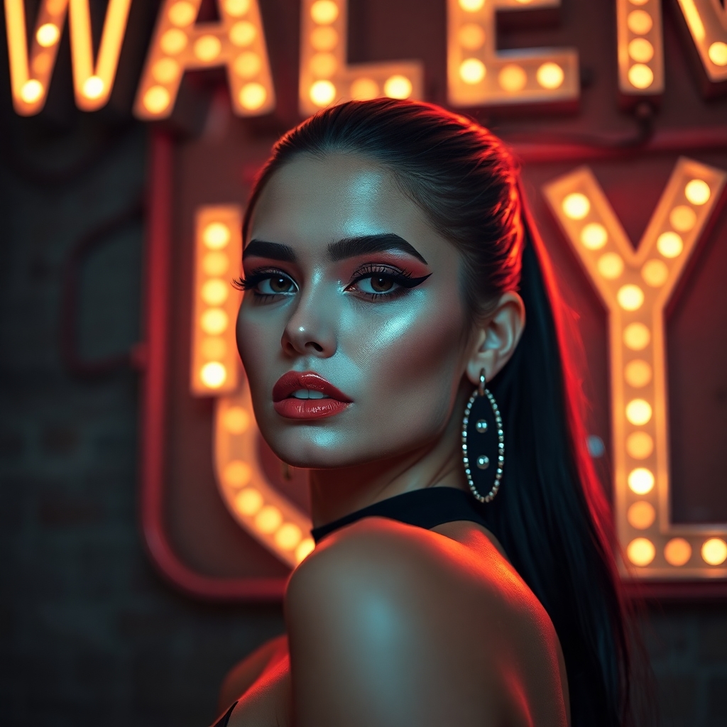 High-fashion woman posing in front of a vintage LED sign, glowing letters reflecting on skin, bold eyeliner and high cheekbones, street-inspired neon photography.