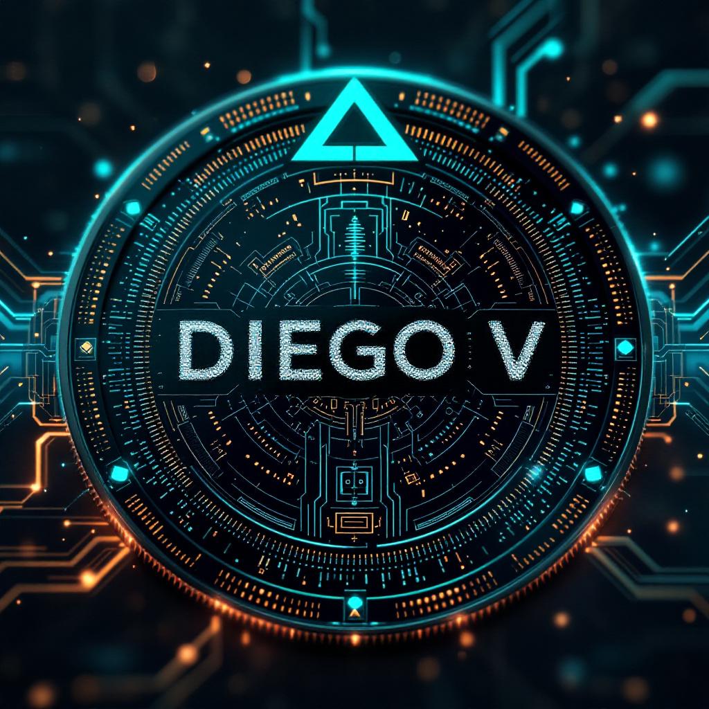 Una criptomoneda futurista completamente original, presentada en una vista frontal perfectamente centrada: completamente redonda, proporcional y sin inclinación ni ángulo. La moneda presenta un diseño elegante y de alta tecnología con circuitos brillantes, grabados digitales abstractos y finos detalles inspirados en el código informático y el desarrollo de software. En el centro de la moneda, el nombre "DIEGO V" está grabado en relieve con una fuente audaz y futurista COLOR DORADO EL NOMBRE. Alrededor del nombre, se integran elegantes líneas de código de programación a modo de grabados, lo que le otorga una estética moderna para desarrolladores. La moneda presenta texturas metálicas y holográficas que emiten un suave brillo eléctrico en tonos azules, dorados y plateados. El fondo es oscuro y de alta tecnología, con cuadrículas digitales, líneas de código flotantes y sutiles partículas de neón. Renderizado 3D ultrarrealista, estilo de interfaz de usuario ciberfuturista e iluminación cinematográfica.