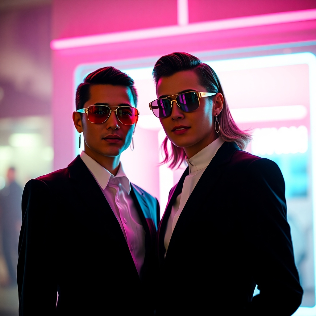 Stylish man and woman standing close together, both wearing elegant retro-futuristic outfits, illuminated by pink and cyan LED lights, glowing reflections on their faces, soft cinematic bokeh in the background, magazine cover vibe, realistic portrait with fashionable vintage aesthetic