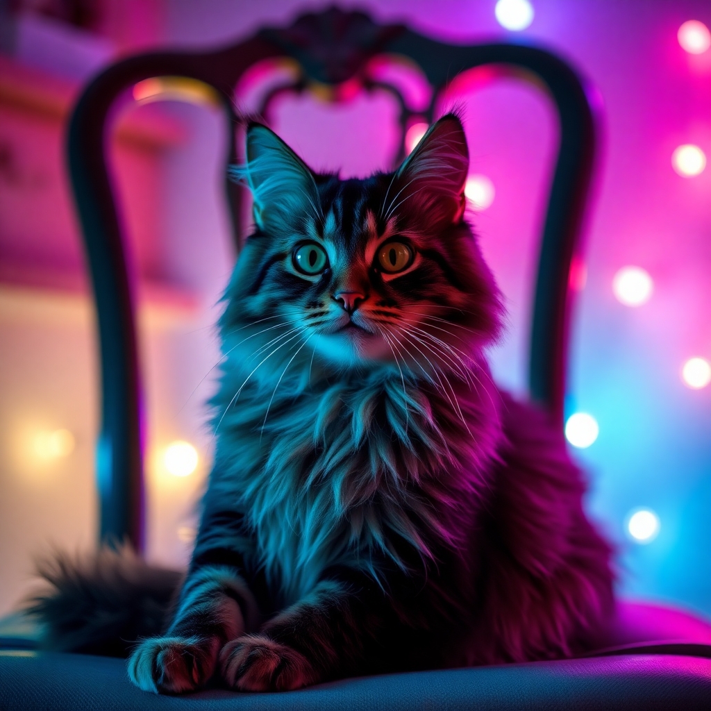 Maine coon cat sitting gracefully with glowing LED blue and fuchsia ambient lights, vintage chair in the background, shiny fur, detailed close-up.