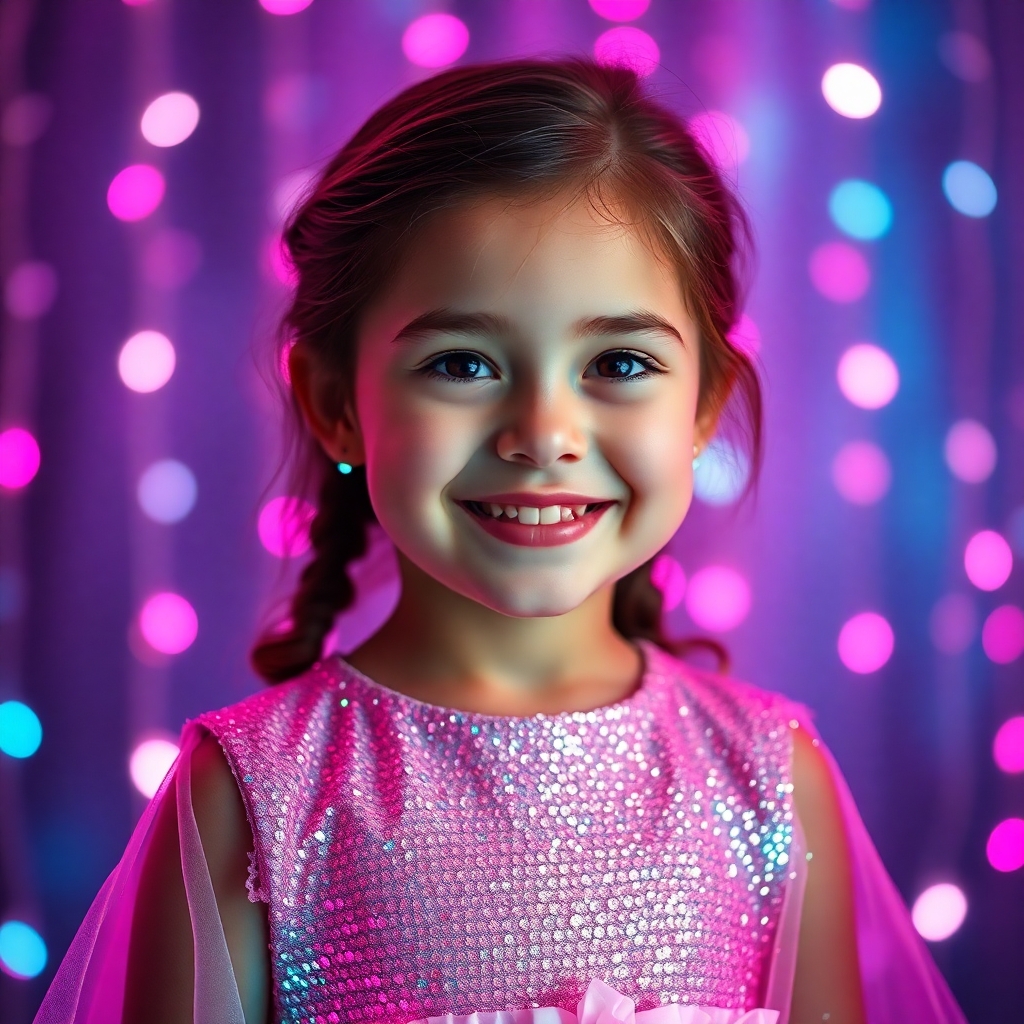 Portrait of a smiling little girl wearing a glittery dress, surrounded by pink and cyan LED lights, glowing soft light on face, dreamy and magical atmosphere, cinematic background blur.