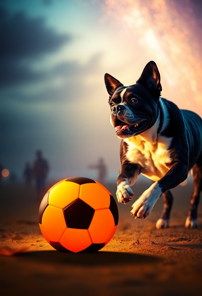 un perro en la playa con un balon de futbol