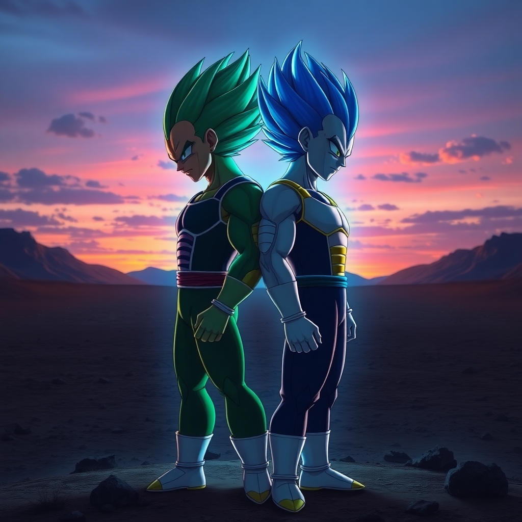 Vegeta and Piccolo standing back to back on a desolate battlefield, Vegeta glowing blue aura, Piccolo green skin illuminated by dusk, detailed textures, high‑contrast realism