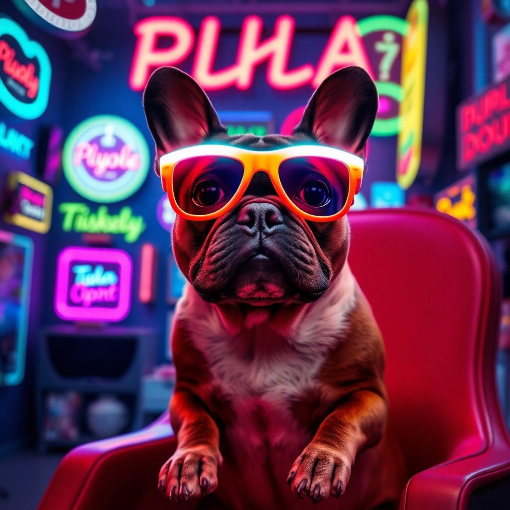 French bulldog wearing glowing LED sunglasses, sitting on a futuristic chair, background filled with neon signs, vivid colors, humorous but elegant look.