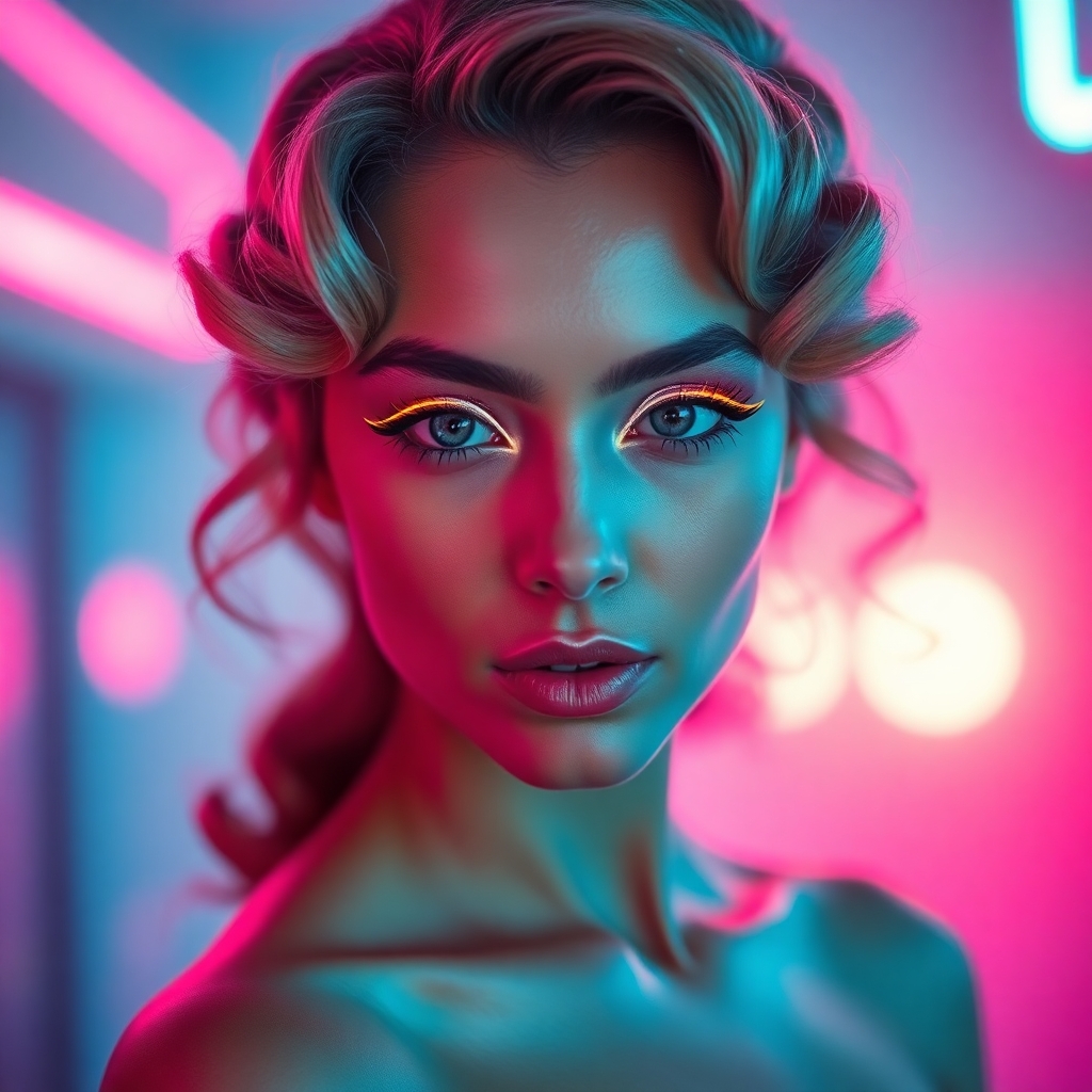 Portrait of a beautiful woman with retro-futuristic makeup, glowing neon eyeliner, soft vintage curls, backlit with pink and cyan LED lights, glossy skin, high fashion vibe, cinematic soft focus.