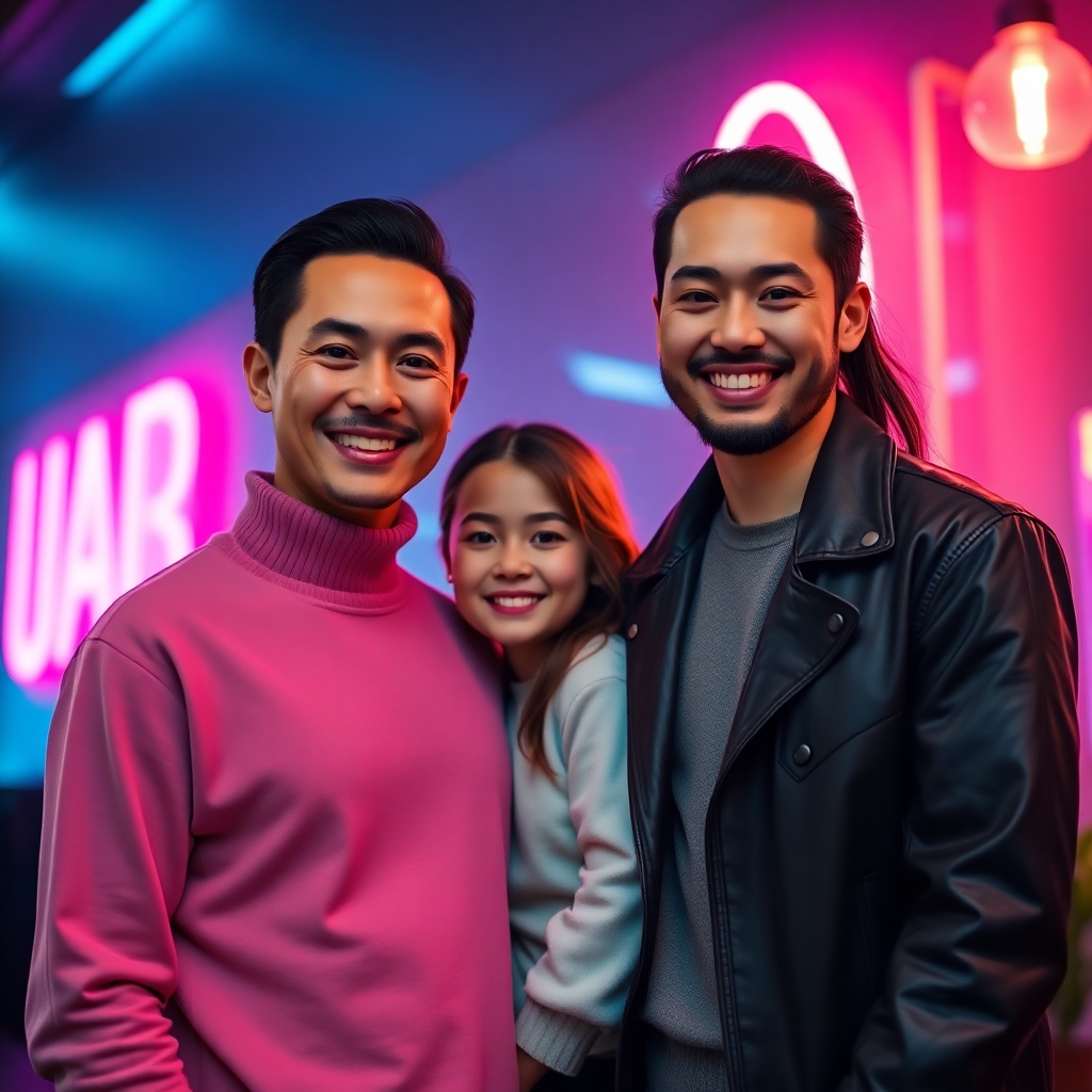 Smiling family of three (father, mother, daughter) standing in front of a modern neon wall with glowing pink and cyan lights, all wearing coordinated stylish outfits, warm lighting on their faces, cinematic atmosphere, realistic portrait with soft bokeh