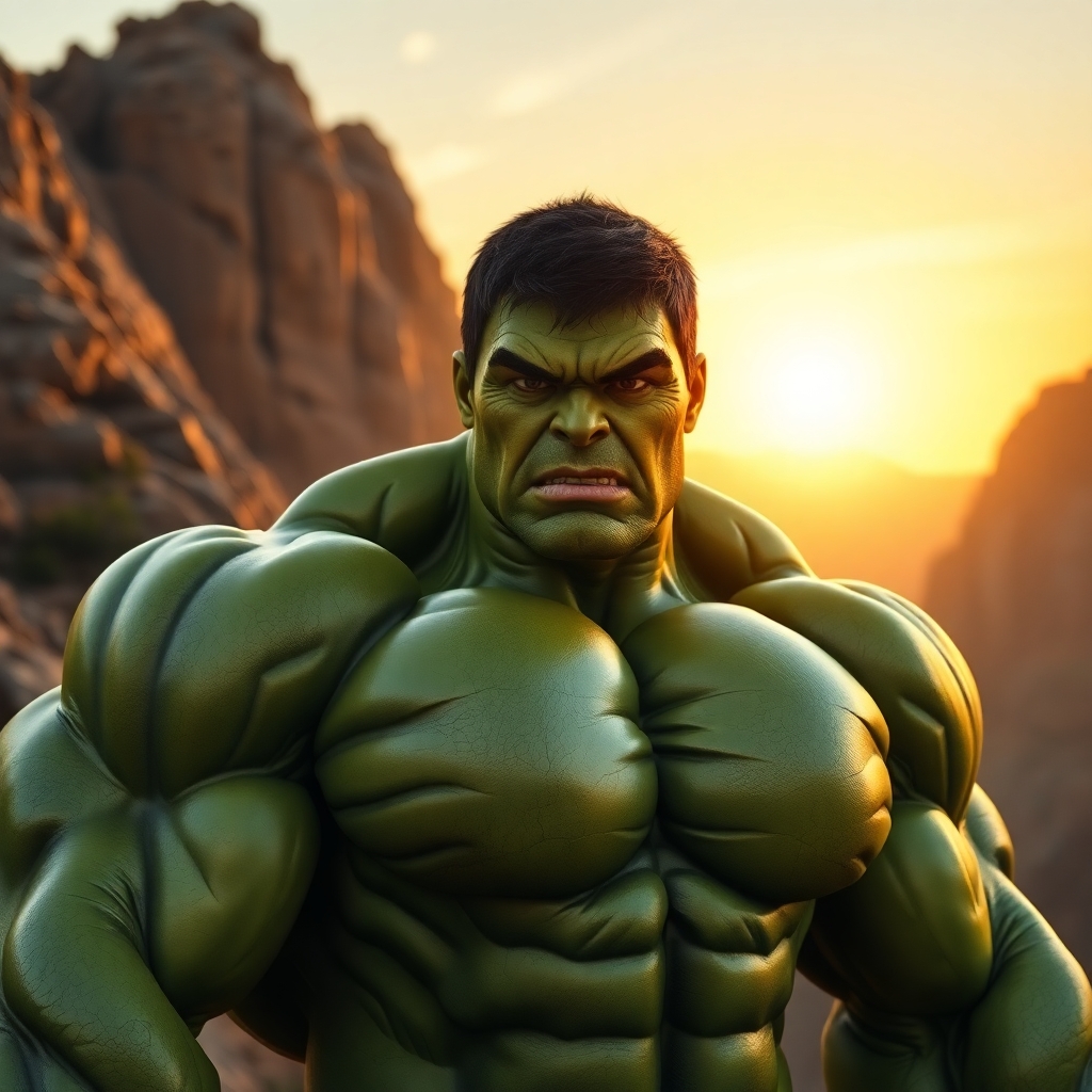 The Incredible Hulk posing like a professional bodybuilder, massive muscles rippling with veins, green skin reflecting sunset light, rocky canyon in the background, high-resolution hyperrealistic style