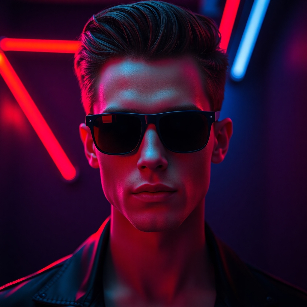 Portrait of a stylish young man with sharp jawline, vintage hairstyle, illuminated by red and blue LED lights in a dark room, wearing futuristic sunglasses, strong contrast, editorial lighting.