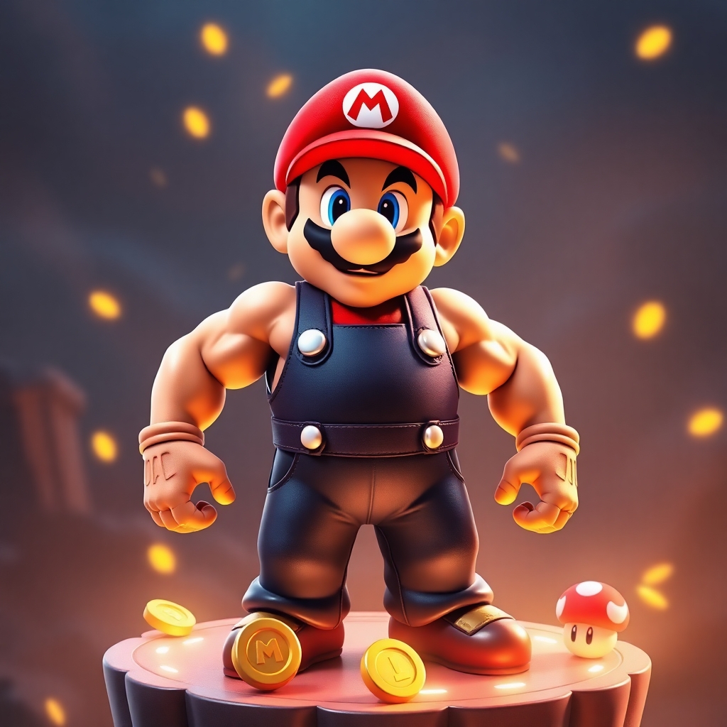 Super Mario as a bodybuilder champion, with extreme muscle definition, red cap and ripped overalls, standing heroically on a floating platform with glowing coins and mushrooms, ultra realistic muscles, cinematic lighting, 4K.