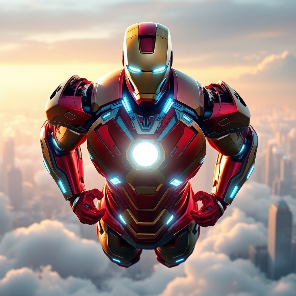Iron Man with enhanced muscular design, armor infused with glowing blue energy veins, shoulders broad and chest reactor pulsing intensely, hovering in mid-air with thrusters on, clouds illuminated beneath him, futuristic city in the background, high-tech textures, cinematic realism