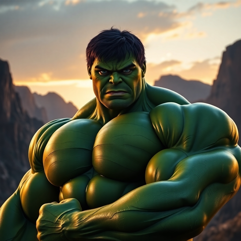 The Incredible Hulk posing like a professional bodybuilder, massive muscles rippling with veins, green skin reflecting sunset light, rocky canyon in the background, high-resolution hyperrealistic style