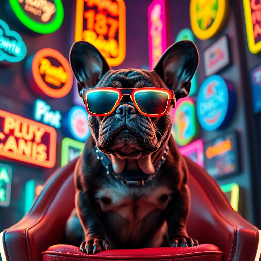 French bulldog wearing glowing LED sunglasses, sitting on a futuristic chair, background filled with neon signs, vivid colors, humorous but elegant look.