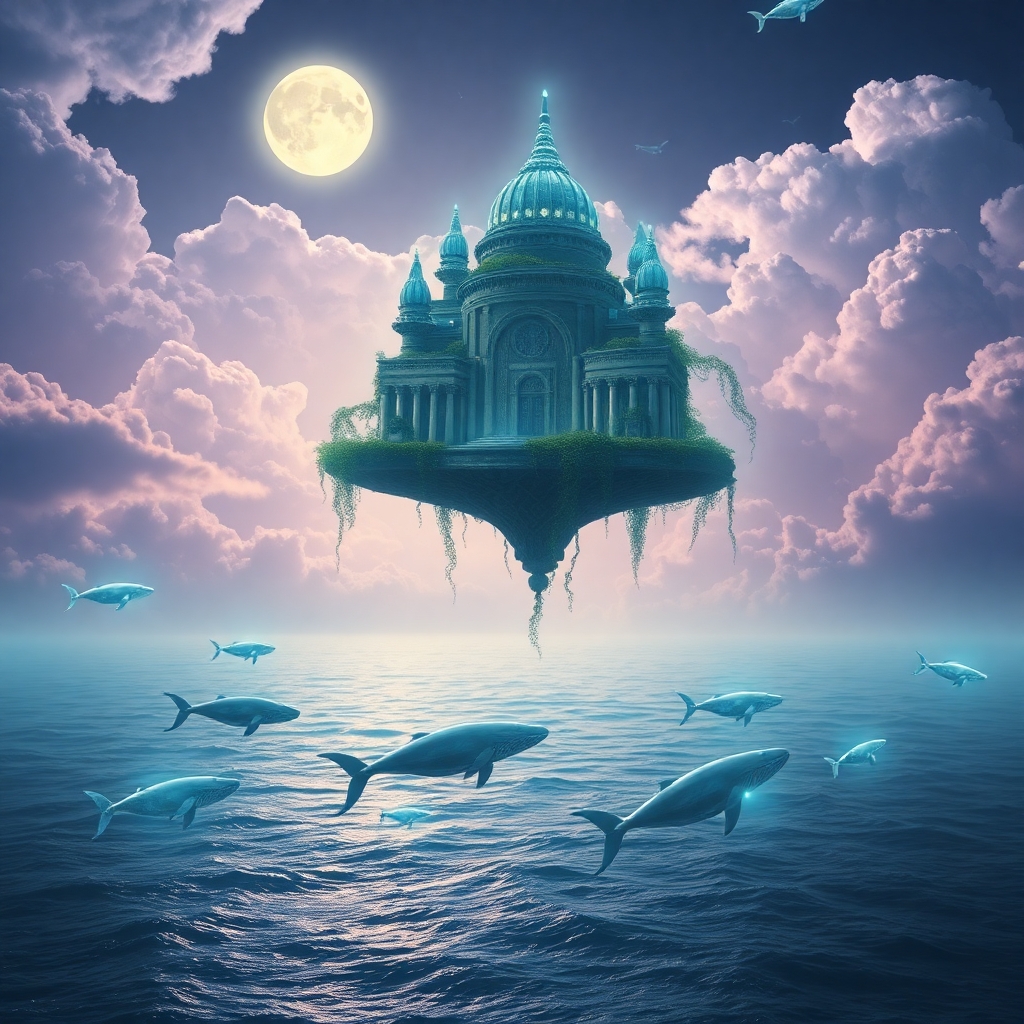 A floating ancient temple made of crystal and vines, suspended in the sky above an endless ocean, surrounded by bioluminescent whales swimming in the air, glowing moonlight, surreal dream atmosphere, soft clouds illuminated in cyan and violet hues, ultra-detailed fantasy environment, 8K cinematic style