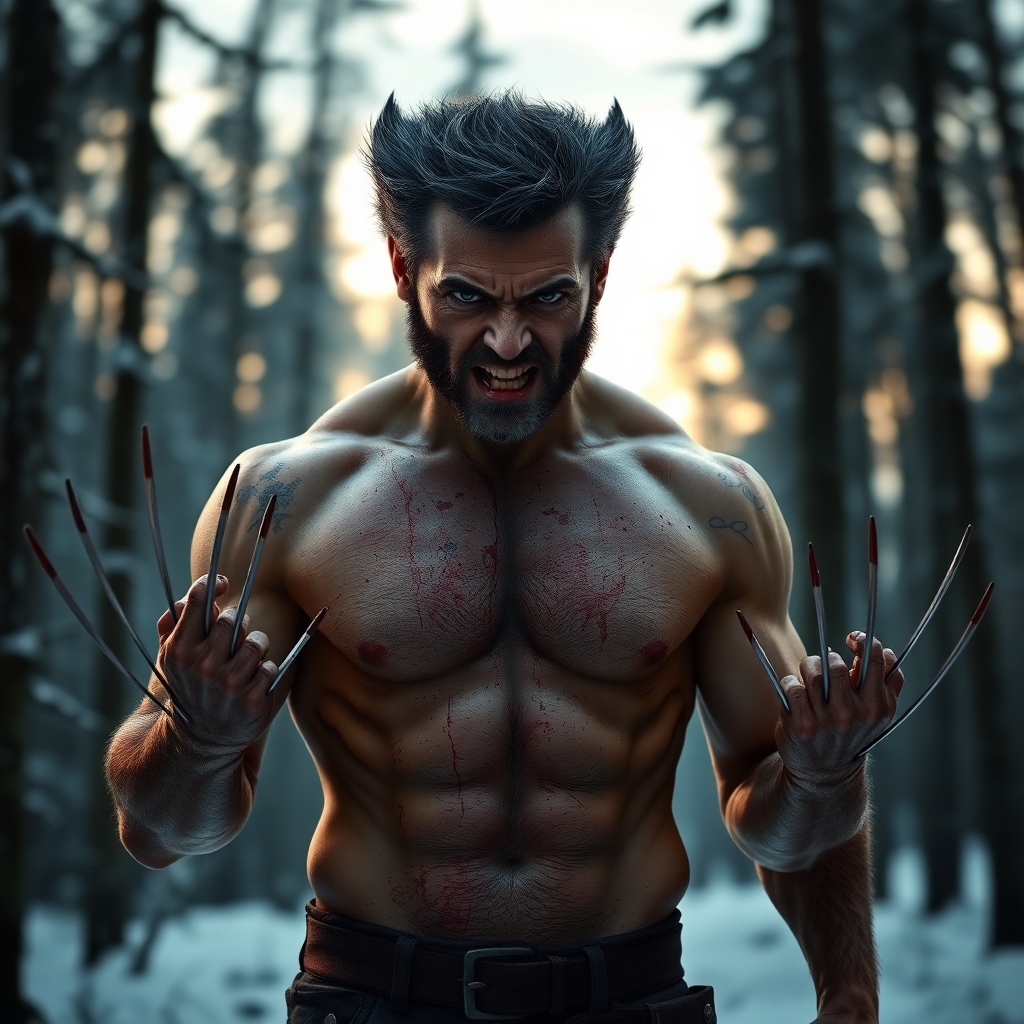Wolverine shirtless with ripped muscles, claws extended, blood and dirt on his face, standing in a snow-covered forest at dusk, animalistic expression, photorealistic anatomy and lighting