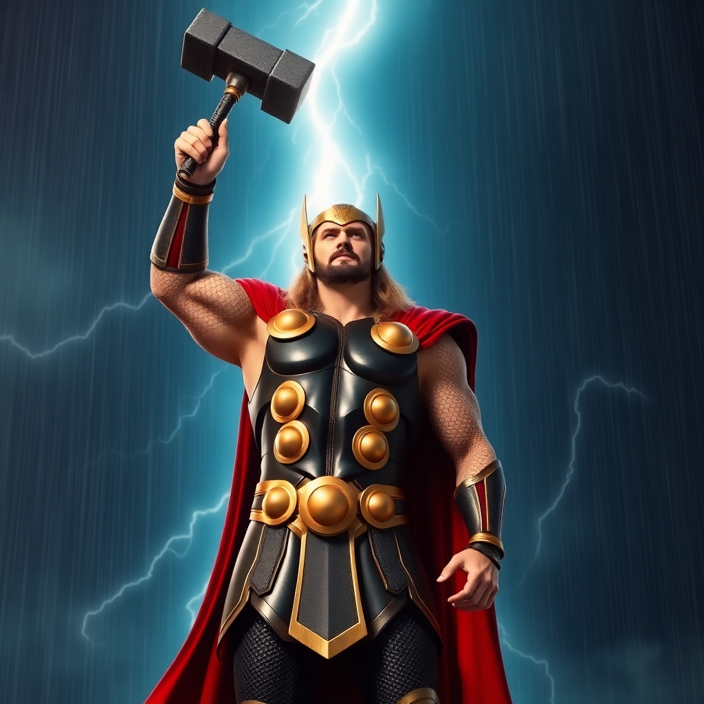 Thor standing with his hammer Mjölnir raised toward the sky, lightning striking behind him, hyper-muscular physique, detailed armor with gold accents, flowing red cape, cinematic rain and thunder, ultra realistic style.
