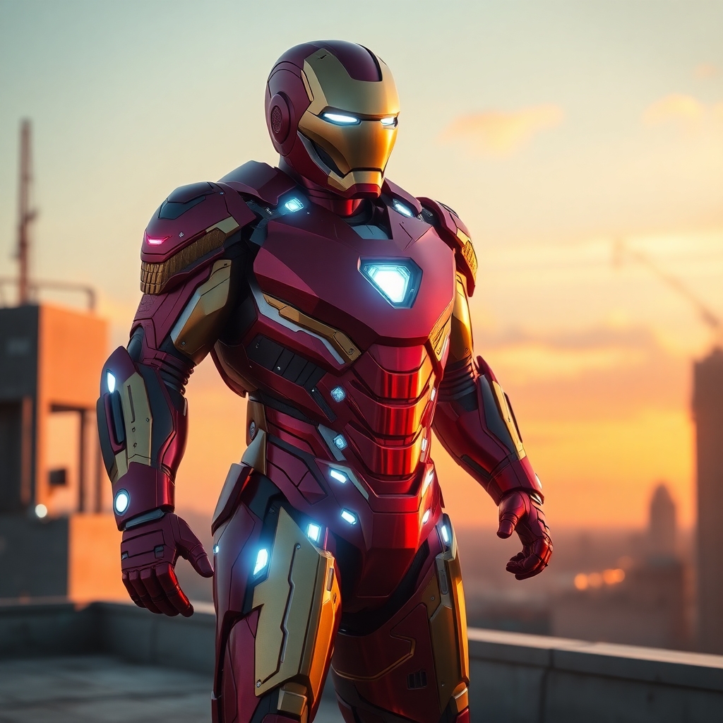 Iron Man in a next-generation nanotech suit, glowing with sleek chrome-red and gold plating, surrounded by holographic HUD elements, jet boosters active, standing tall on a sci-fi rooftop at sunset, powerful stance, cinematic lighting, ultra-detailed armor reflections, photorealistic 8K