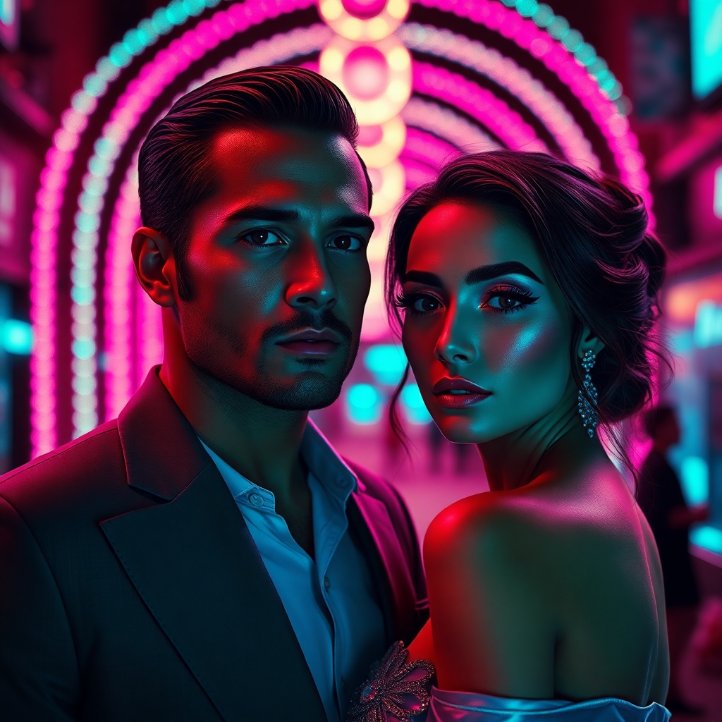 Handsome man with sharp jawline and slicked hair, and beautiful woman with glowing makeup and elegant dress, standing under LED arches in a dreamy neon-lit street, fuchsia and turquoise lighting reflecting on their faces, slight lens flare, cinematic composition, high realism.