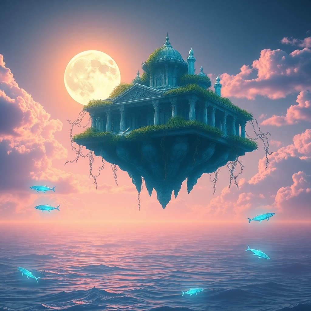 A floating ancient temple made of crystal and vines, suspended in the sky above an endless ocean, surrounded by bioluminescent whales swimming in the air, glowing moonlight, surreal dream atmosphere, soft clouds illuminated in cyan and violet hues, ultra-detailed fantasy environment, 8K cinematic style
