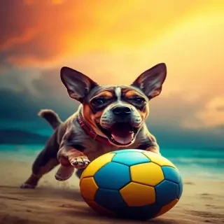 un perro en la playa con un balon de futbol