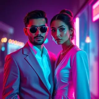 Stylish man and woman standing close together, both wearing elegant retro-futuristic outfits, illuminated by pink and cyan LED lights, glowing reflections on their faces, soft cinematic bokeh in the background, magazine cover vibe, realistic portrait with fashionable vintage aesthetic