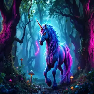 ### Image Prompt  Create a photorealistic scene depicting an angry unicorn in a mystical forest.   **Unicorn**: Position the unicorn as the central figure. It stands tall with its muscles tensed and nostrils flaring, displaying its anger. Its mane is vibrant and flowing, with hints of iridescent colors reflecting purple and blue hues.  **Forest**: The forest is dense and filled with various types of trees with twisted branches and lush foliage. The ground is covered with fallen leaves and small patches of glowing mushrooms.  **Background**: Incorporate a punk aesthetic by adding elements like graffiti on the tree trunks and scattered vintage vinyl records. Surrounding trees are wrapped with LED lights in neon colors, casting vivid shades of pink, green, and blue across the scene.   **Lighting**: Use dramatic, contrasting lighting, with shadows adding depth. Soft beams of moonlight filter through the canopy, while the LED lights create dynamic reflections and highlights.  **Atmosphere**: The scene should feel both enchanting and edgy, blending the mystical allure of the forest with the rebellious energy of the punk elements. The air is rich with tension, a mix of magic and defiance.