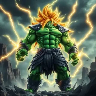 Prompt fusión Goku + Hulk (versión segura para IA generativa): “A colossal warrior with glowing golden hair, emerald green skin, and intense muscle definition, levitating with crackling energy around his body, wearing torn battle armor, his eyes radiating power, standing on a shattered rocky terrain under a stormy sky, cinematic lighting, photorealistic detail, dynamic pose, epic anime-meets-comic style.”
