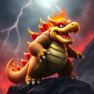 Bowser from Mario Bross, reimagined as a colossal fire-breathing dragon with molten scales and glowing red eyes, standing on a lava cliff with thunder in the background, realistic fantasy concept art, ultra detailed