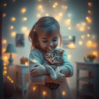 Little girl hugging her cat, both surrounded by soft LED fairy lights, futuristic pastel room, magical glow, warm vintage tones, dreamy atmosphere.