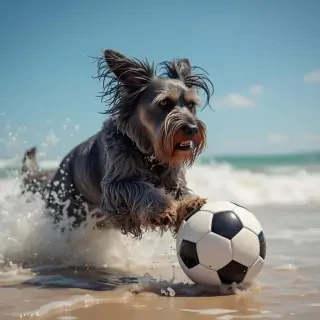 un perro en la playa con un balon de futbol
