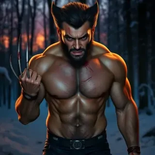 Wolverine shirtless with ripped muscles, claws extended, blood and dirt on his face, standing in a snow-covered forest at dusk, animalistic expression, photorealistic anatomy and lighting