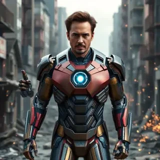 Tony Stark wearing an open Iron Man suit revealing a sculpted torso with arc reactor embedded, mechanical arms partially deployed, standing in a war-torn urban zone, sparks flying, ultra detailed realism.