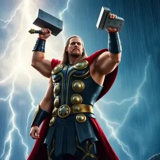 Thor standing with his hammer Mjölnir raised toward the sky, lightning striking behind him, hyper-muscular physique, detailed armor with gold accents, flowing red cape, cinematic rain and thunder, ultra realistic style.