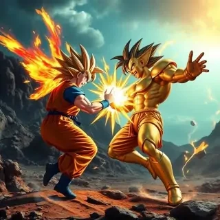 Goku in Super Saiyan form clashing with Frieza in Golden Form, energy aura colliding, rocky Namek surface under alien sky, cinematic lighting, ultra‑realistic renditions of both fighters.