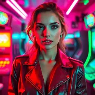 Portrait of a woman wearing shiny leather jacket, neon pink and green lighting from both sides, retro 80s arcade background, metallic lipstick, high contrast, bold shadows.