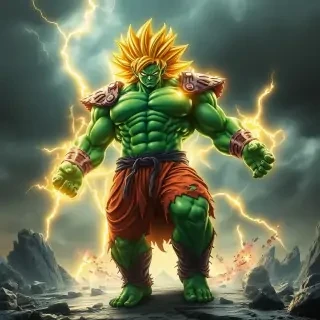 Prompt fusión Goku + Hulk (versión segura para IA generativa): “A colossal warrior with glowing golden hair, emerald green skin, and intense muscle definition, levitating with crackling energy around his body, wearing torn battle armor, his eyes radiating power, standing on a shattered rocky terrain under a stormy sky, cinematic lighting, photorealistic detail, dynamic pose, epic anime-meets-comic style.”