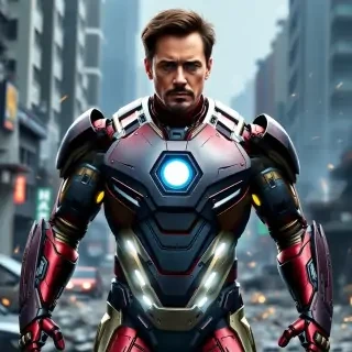 Tony Stark wearing an open Iron Man suit revealing a sculpted torso with arc reactor embedded, mechanical arms partially deployed, standing in a war-torn urban zone, sparks flying, ultra detailed realism.