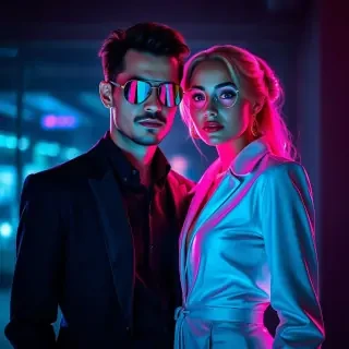 Stylish man and woman standing close together, both wearing elegant retro-futuristic outfits, illuminated by pink and cyan LED lights, glowing reflections on their faces, soft cinematic bokeh in the background, magazine cover vibe, realistic portrait with fashionable vintage aesthetic