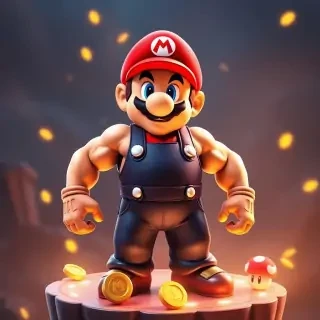 Super Mario as a bodybuilder champion, with extreme muscle definition, red cap and ripped overalls, standing heroically on a floating platform with glowing coins and mushrooms, ultra realistic muscles, cinematic lighting, 4K.