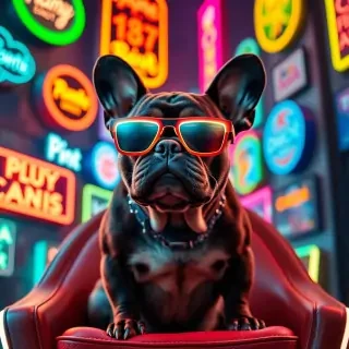 French bulldog wearing glowing LED sunglasses, sitting on a futuristic chair, background filled with neon signs, vivid colors, humorous but elegant look.