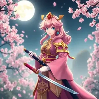 Princess Peach wearing pink and gold samurai armor, holding a katana with cherry blossom petals floating around, standing under a full moon in a Japanese garden, high-detail cinematic anime style.