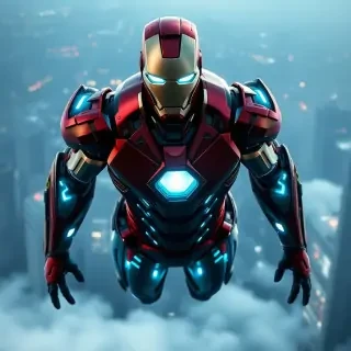 Iron Man with enhanced muscular design, armor infused with glowing blue energy veins, shoulders broad and chest reactor pulsing intensely, hovering in mid-air with thrusters on, clouds illuminated beneath him, futuristic city in the background, high-tech textures, cinematic realism