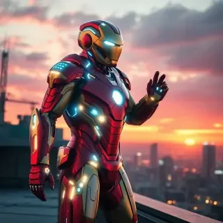 Iron Man in a next-generation nanotech suit, glowing with sleek chrome-red and gold plating, surrounded by holographic HUD elements, jet boosters active, standing tall on a sci-fi rooftop at sunset, powerful stance, cinematic lighting, ultra-detailed armor reflections, photorealistic 8K
