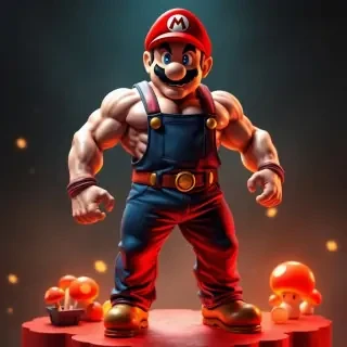 Super Mario as a bodybuilder champion, with extreme muscle definition, red cap and ripped overalls, standing heroically on a floating platform with glowing coins and mushrooms, ultra realistic muscles, cinematic lighting, 4K.